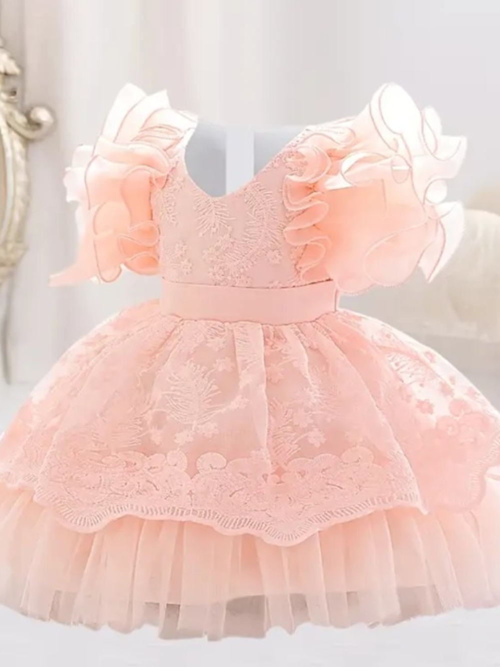 Peach Ruffle Lace Party Dress